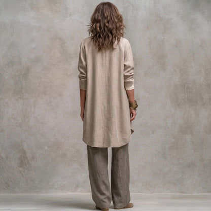Komplet trzyczęściowy: długi kardigan, top i spodnie palazzo Felicja – widok z tyłu – beżowo-szary